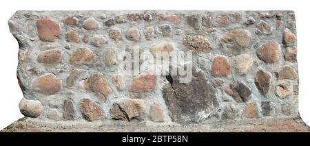 Fragment of new wall from big red granite stones and concrete . Isolated on white Stock Photo
