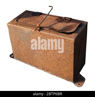 Rusty old  closed  vintage empty metal box for tools isolated on white Stock Photo