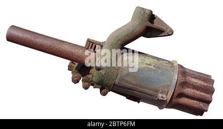 The exhaust pipe of an old rusty vintage tractor looks like a laser blaster. Isolated on white Stock Photo