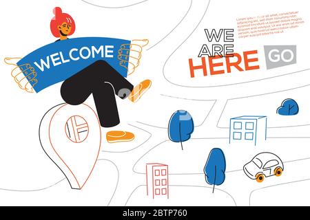 We are here - colorful flat design style web banner Stock Vector