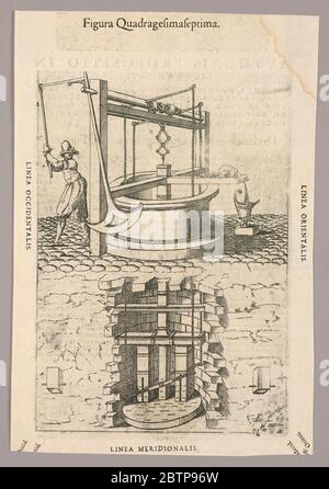 Plate XLVII from Theatrum instrumentorum et machinarum. Research in ProgressMachine pumping water out of a well, through a spout, left. Bottom of well interior shown below; man runs it with a lever and pendulum, left. Description in Latin on verso of 1949-152-244. Stock Photo