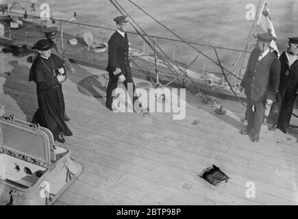 Visit of his Eminence Cardinal Bourne to HMS Iron Duke , walking to the waist of the ship to address the catholic members of the ship the Flagship of the British Fleet Stock Photo