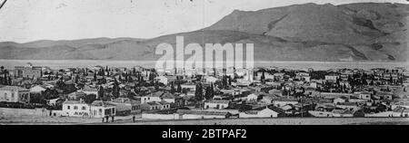 Earthquake wrecks historic city . Corinth , the modern Greek city , built near the site of ancient Korinthos , was almost destroyed by an earthquake . The modern city of Corinth . 24 April 1928 Stock Photo