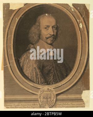 Portrait of Cardinal Mazarin. Research in ProgressIn an oval enframement is a bust portrait of Cardinal Mazarin (1602-1661). He is shown facing half right; he wears one tassel under his collar, and a satin cape. Stock Photo