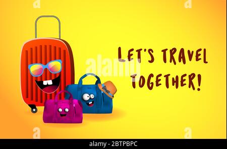 Time to travel, let's travel. Set of greeting cards. Suitcases are cute funny characters. Vector illustration. Tourism concept.. Stock Vector