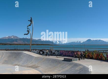 skate park and monument to the wind in the city of Puerto Natales, Patagonia, Chile Stock Photo