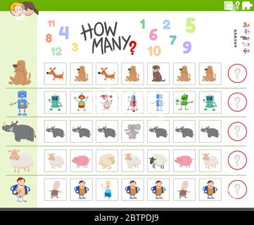 Math game worksheet. Cartoon robots and droids with motherboard lines ...