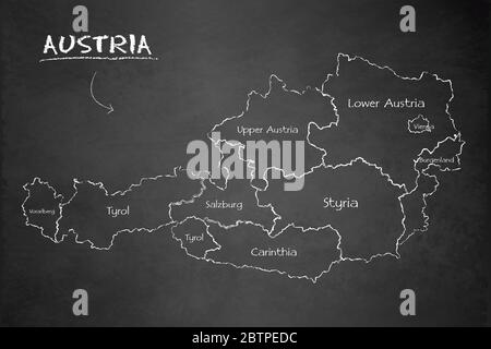 Austria map administrative division separates regions and names individual region, design card blackboard chalkboard vector Stock Vector