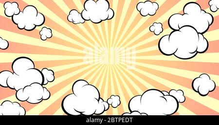 Background with empty space for text or object. Pop art style. Comic style. The sky with clouds. Horisontal format. Stock Vector