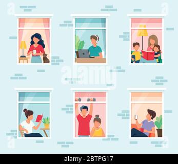 Stay home concept. People looking out windows. Social isolation during epidemic. Cute vector illustration in flat style Stock Vector