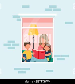 Stay home concept. Mother with kids reading a book. Social isolation during epidemic. Cute vector illustration in flat style Stock Vector