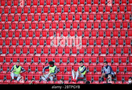 Substitute player of Bayern Munich are seen during the German Bundesliga soccer match between Union Berlin and Bayern Munich in Berlin, Germany. Stock Photo