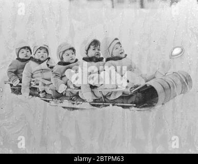 Quins go sledging . The Dionne Quintuplets had their first taste of the thrills of winter sport in the garden of their private hospital at Callender , Ontario , after several heavy snowfalls . Snugley wrapped up in their warm woollies , the Quins were taken for a sledge ride by Dr A B Dafoe , their own doctor , under watchful eyes of their nurses . Then they had a glorious romp in the snow which was something quite new to them . Photo shows , Marie trails her hand in the snow as she goes for a sledge ride with her sisters , left to right , Marie , Annette , Cecile , Yvonne and Emilie . 19 Apri Stock Photo