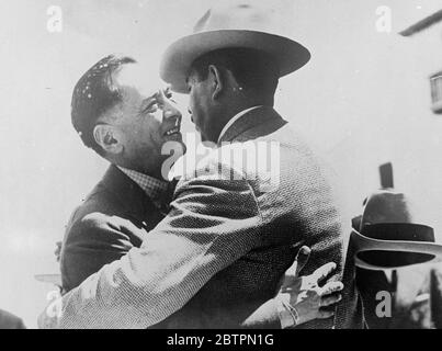 When Presidents meet. President Manuel Quezon of the Philippines Islands (left) and president Lazaro Cardenas of Mexico embrace like long lost brothers when they meet in the historic and beautiful town of Taxco, Mexico. 22 April 1937 Stock Photo