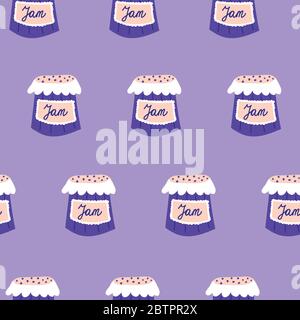 Blueberry jam seamless vector pattern. Repeating pattern with blueberry preserve jars. Use for fabric, gift wrap, packaging Stock Vector