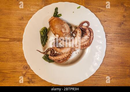 Plate with freshly cooked octopus, on wooden background Stock Photo