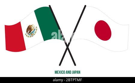 Mexico and Japan Flags Crossed And Waving Flat Style. Official Proportion. Correct Colors. Stock Photo