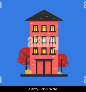 Cute dwelling house with trees and bushes. Bright colors. Isolated vector illustration in a flat style. Sweet home on a blue background Stock Vector