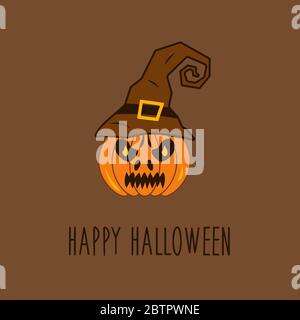 Pumpkin with burning eyes in a hat on a brown background with the inscription Happy Halloween. Colorful vector illustration in cartoon style Stock Vector