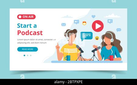 Podcasters talking to microphone recording podcast in studio. Landing page template. Vector illustration in flat style Stock Vector