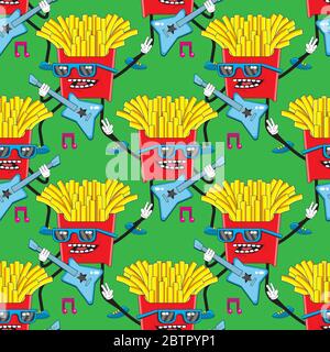 seamless pattern cartoon character French fries playing guitar on a green background. Vector image Stock Vector