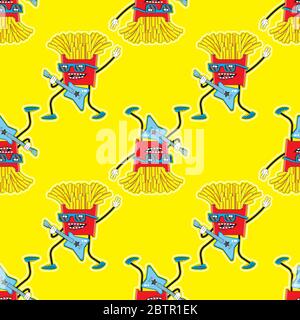 seamless pattern cartoon character French fries playing guitar on a yellow background. Vector image Stock Vector