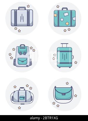 Vector color illustration of luggage on a background with stars. Bag, backpack, different suitcases, large and small Stock Vector