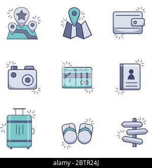 Set of color vector travel, navigation, vacation icons. Characters Stock Vector