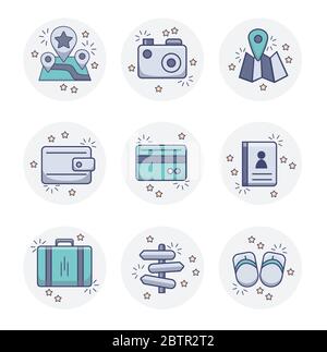 Set of color vector travel, navigation, vacation icons on the background with stars. Characters Stock Vector