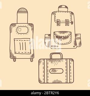 Vector hand drawing. Vintage. Pictogram, icon, luggage, backpack with pockets, suitcase, on wheels Stock Vector