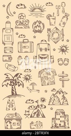 Set of hand drawings road, travel, transport, vacation. Vintage. Doodle line Stock Vector