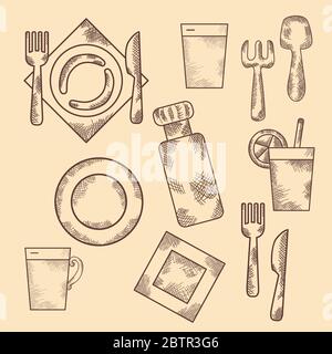 Hand drawn set of doodles icons. Vintage. Dishes, objects, appliances. Stock Vector