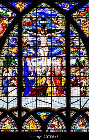 Paris, France - May 20, 2020: Stained Glass Window of St Jean-de-Montmartre in Abesses neighborhood Stock Photo