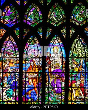 Paris, France - May 20, 2020: Stained Glass Window of St Jean-de-Montmartre in Abesses neighborhood Stock Photo