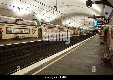 Museum train Station in Sydney, Australia, platform with benches for waiting for train Stock Photo