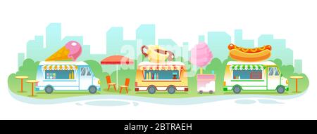 Street food festival landscape banner. Set of food trucks vector isolated illustration. Holiday city park restaurants. Summer outdoor rest in town. Ready takeaway meal cafe kiosks cartoon background. Stock Vector