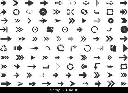 Arrows set of 100 black icons isolated on white background. Arrow icon. Arrow vector collection. Arrow. Cursor. Modern simple arrows. Vector illustration. eps 10 Stock Vector