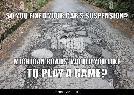 Road infrastructure damage funny meme for social media sharing. Road potholes and maintenance joke. Stock Photo