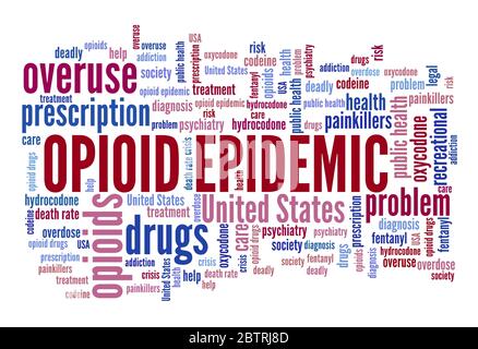 Opioid epidemic or opioid crisis in the United States. Word cloud concept. Stock Photo