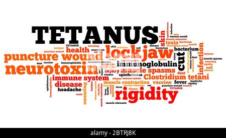 Tetanus - infected wound illness. Word cloud health concept. Stock Photo