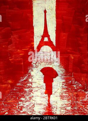 Artistic painting of a woman walking under an umbrella to the Eiffel Tower Stock Photo