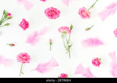 Pattern of pink roses with petals isolated on white background. Flat lay. Top view Stock Photo