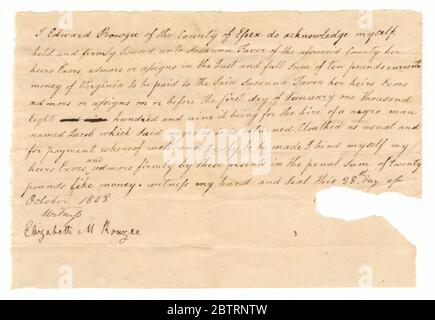 Bond for the hire of the enslaved man Jacob by Edward Rouzee. This document is from a collection of financial papers related to the plantation operations of several generations of the Rouzee Family in Essex County, Virginia. Stock Photo