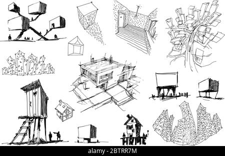 many hand drawn architectectural sketches of a modern abstract ...