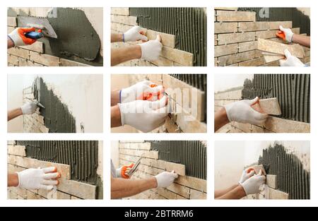 Collage of photos of construction work. Installation of ceramic tile on the wall. Stock Photo