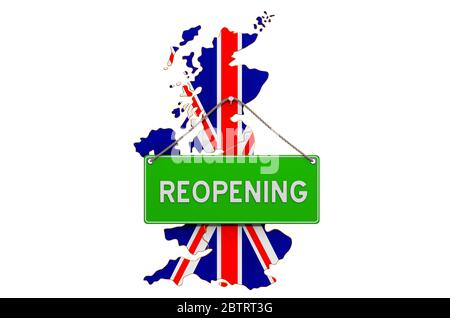 Reopening the United Kingdom after quarantine concept, 3D rendering isolated on white background Stock Photo