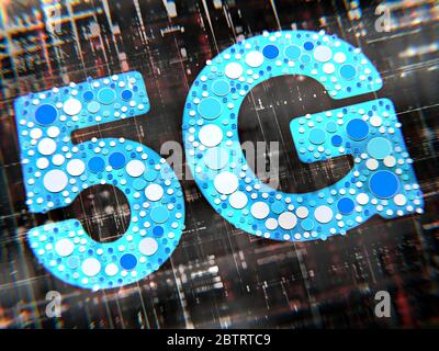 Close-up on a blue 5G word made of small circles on an electronic background Stock Photo