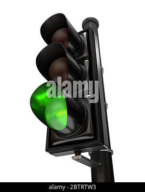 Close-up on a traffic light, the green light is on, isolated on white background Stock Photo
