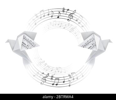 Round decorative frame with Origami doves with musical notes. Stylized illustration of paper pigeons and circle with musical notes. Stock Vector