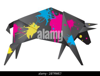 Black Origami bull with print colors. Illustration of paper bull with cmyk color splatters. Concept for presenting of color printing. Vector available Stock Vector